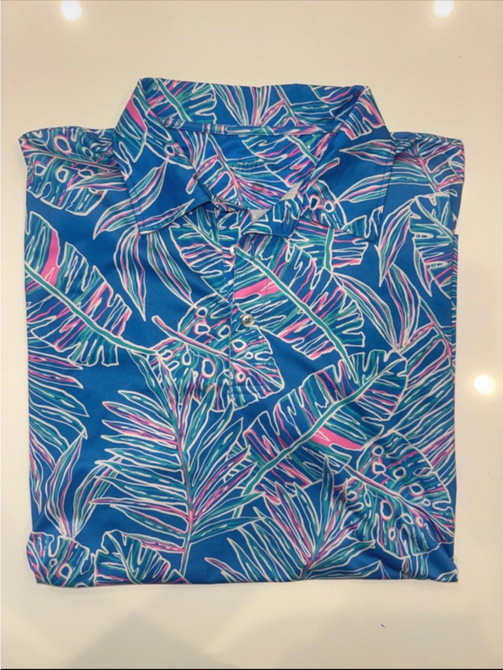 chubbies Blue Tropical Leaf Print Polo Shirt size large amazing condition